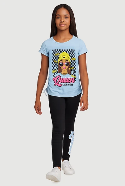Little Girls Queen Like Mom Ruched Side Tee and Leggings, Blue, Size 5-6