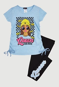 Little Girls Queen Like Mom Ruched Side Tee and Leggings, Blue, Size 5-6