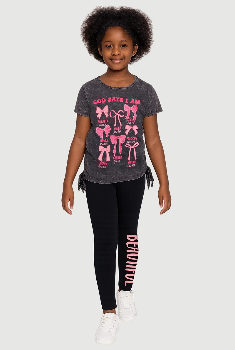 Little Girls God Says I Am Graphic Tee and Leggings, Grey, Size 6X