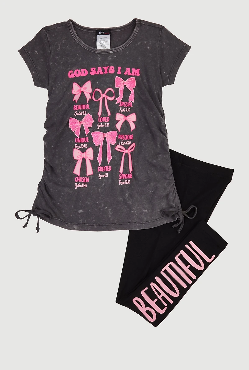 Little Girls God Says I Am Graphic Tee and Leggings, Grey, Size 6X