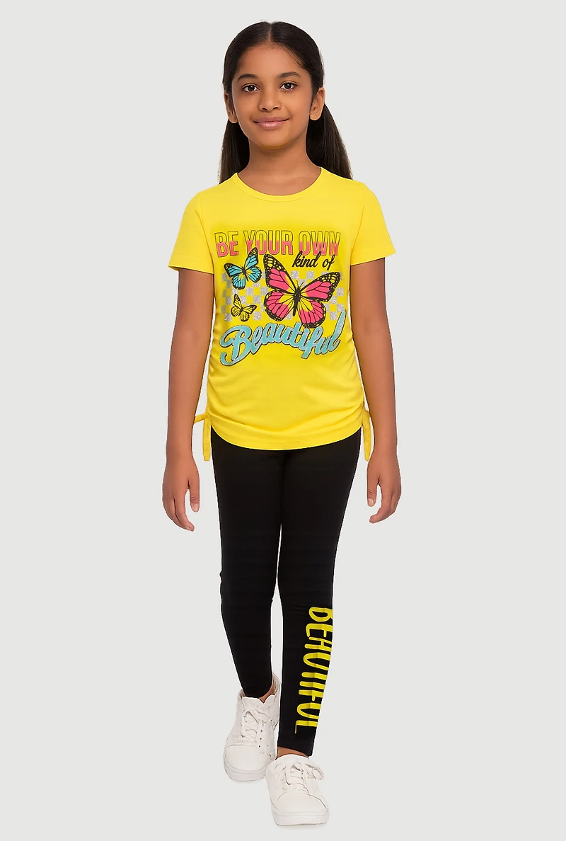 Little Girls Beautiful Ruched Side Graphic Tee and Leggings, Yellow,