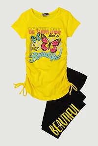 Little Girls Beautiful Ruched Side Graphic Tee and Leggings, Yellow,