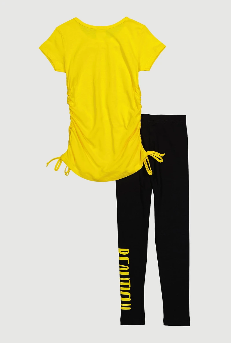 Little Girls Beautiful Ruched Side Graphic Tee and Leggings, Yellow,