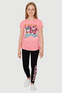 Little Girls Beautiful Ruched Side Graphic Tee and Leggings, Pink, Size 4