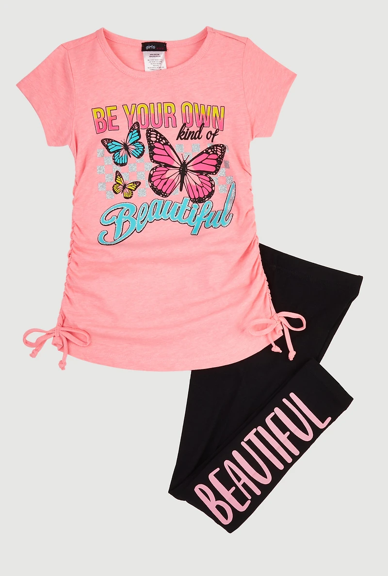 Little Girls Beautiful Ruched Side Graphic Tee and Leggings,