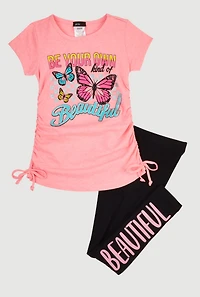 Little Girls Beautiful Ruched Side Graphic Tee and Leggings