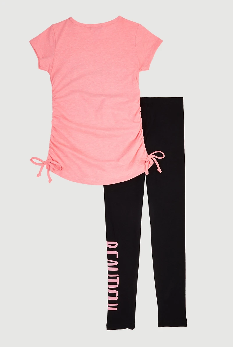 Little Girls Beautiful Ruched Side Graphic Tee and Leggings
