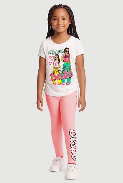Little Girls Bestie Ruched Side Graphic Tee and Leggings, Pink, Size 4