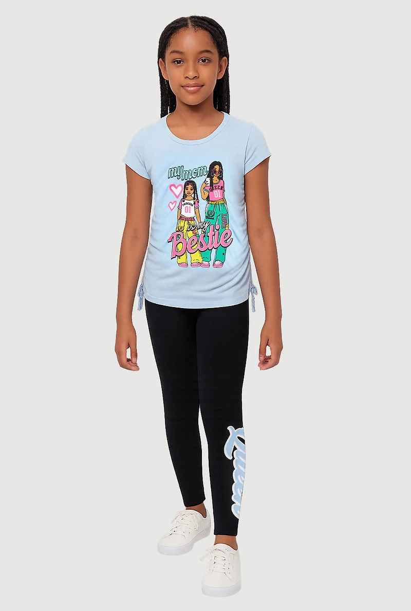 Little Girls Bestie Ruched Side Graphic Tee and Leggings, Blue, Size 6X
