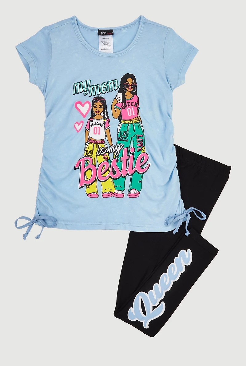 Little Girls Bestie Ruched Side Graphic Tee and Leggings, Blue, Size 6X