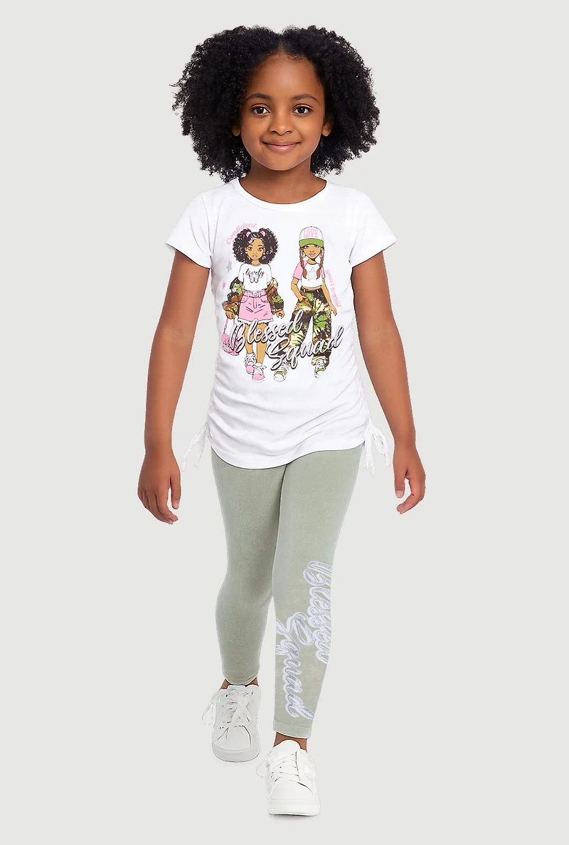 Little Girls Blessed Squad Graphic Tee and Leggings, White, Size 4