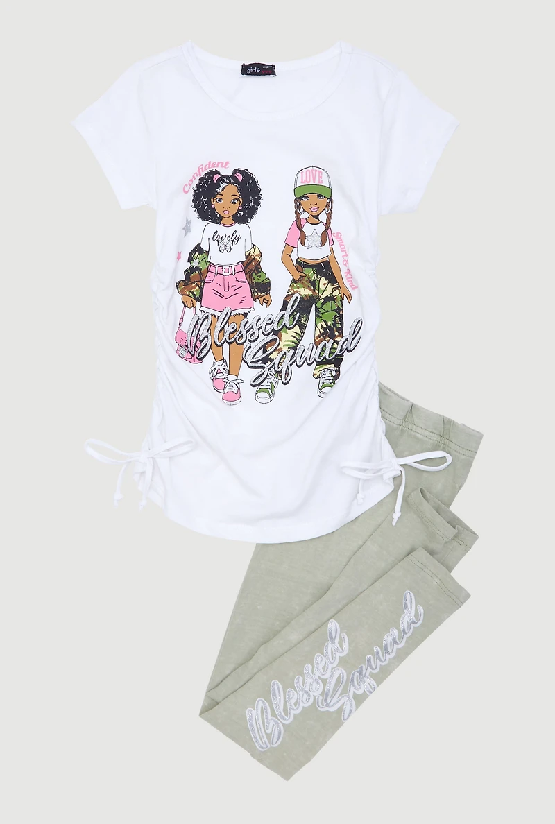 Little Girls Blessed Squad Graphic Tee and Leggings, White, Size 4