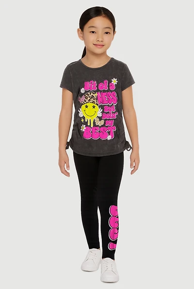 Little Girls Bit Of A Mess Graphic Tee and Leggings,