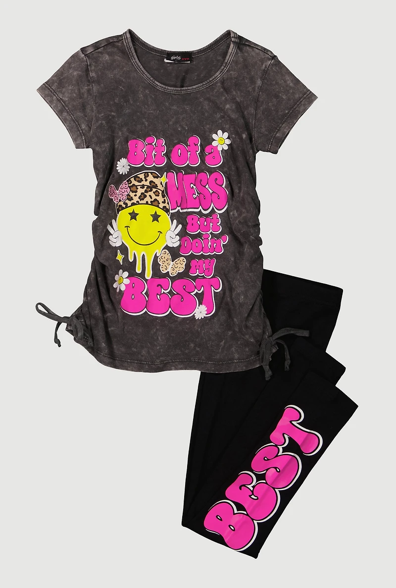 Little Girls Bit Of A Mess Graphic Tee and Leggings, Grey, Size 5-6