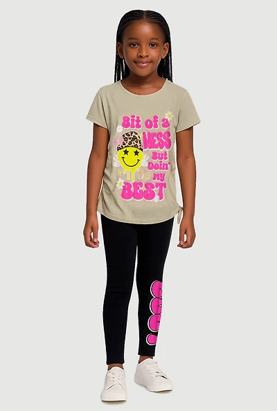 Little Girls Bit Of A Mess Graphic Tee and Leggings,