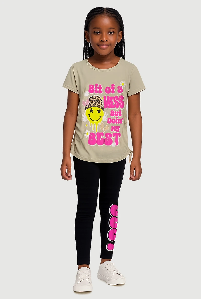 Little Girls Bit Of A Mess Graphic Tee and Leggings, Green,