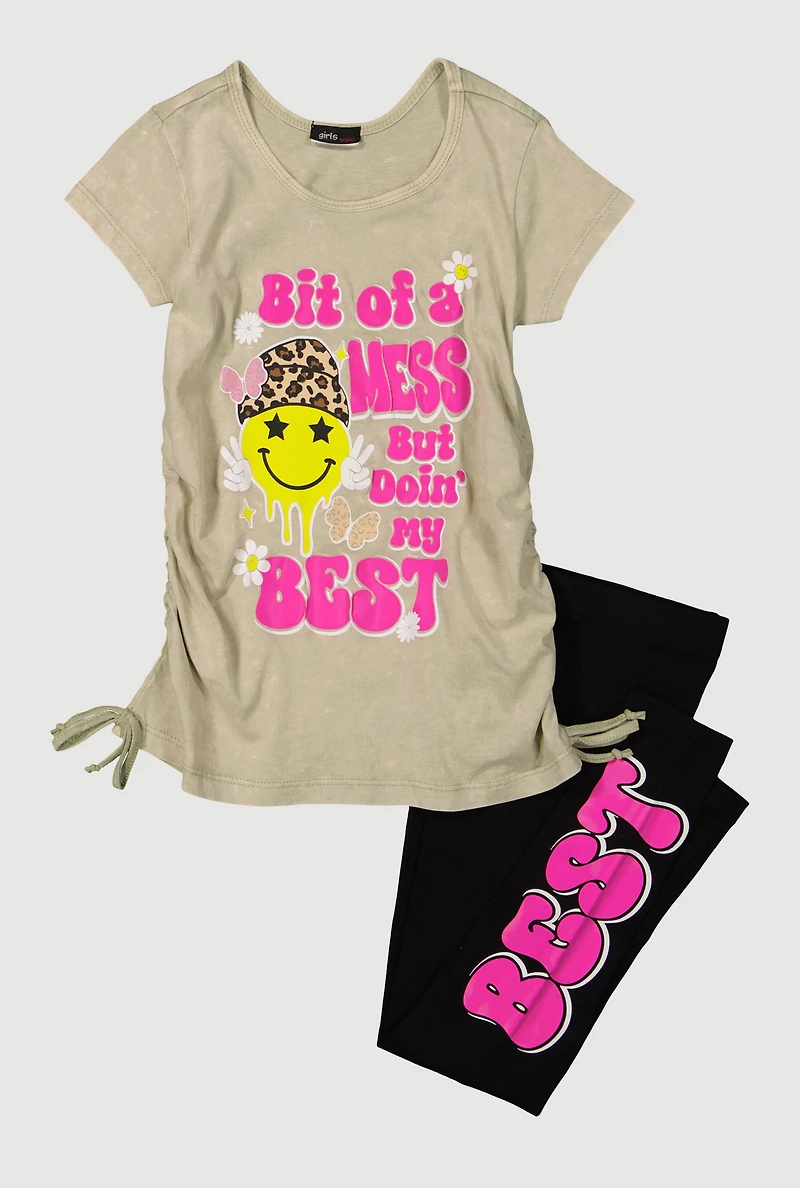 Little Girls Bit Of A Mess Graphic Tee and Leggings, Green,
