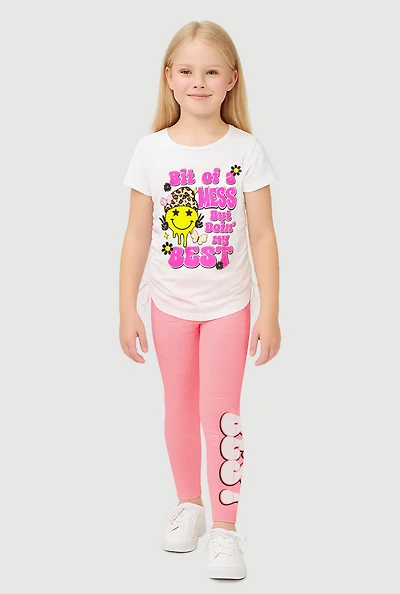 Little Girls Bit Of A Mess Graphic Tee and Leggings, Pink,