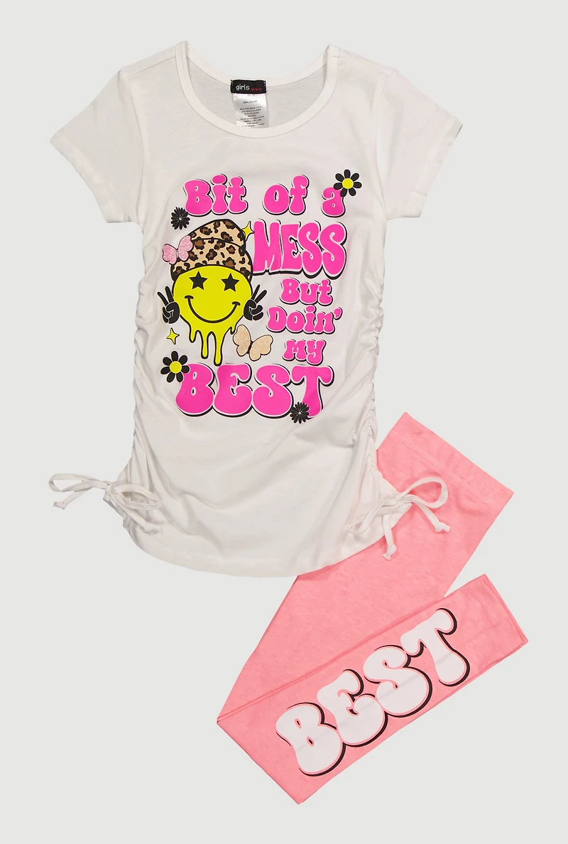 Little Girls Bit Of A Mess Graphic Tee and Leggings, Pink,