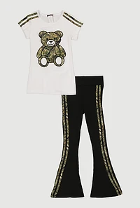 Little Girls Camo Bear Graphic Tee and Varsity Striped Flare Pants