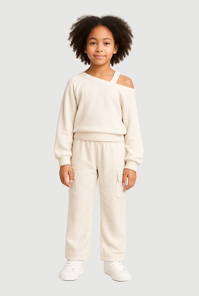 Girls Ribbed Knit Cold Shoulder Sweatshirt and Wide Leg Cargo Pants, White, Size 10-12