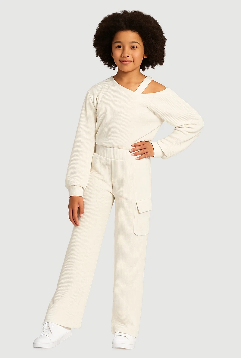 Girls Ribbed Knit Cold Shoulder Sweatshirt and Wide Leg Cargo Pants
