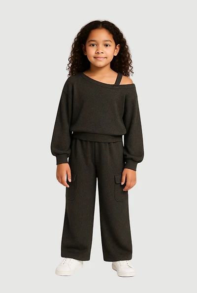 Girls Ribbed Knit Cold Shoulder Sweatshirt and Wide Leg Cargo Pants, Black, Size 10-12
