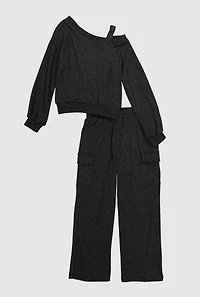 Girls Ribbed Knit Cold Shoulder Sweatshirt and Wide Leg Cargo Pants, Black, Size 10-12