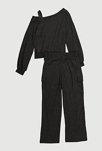 Girls Ribbed Knit Cold Shoulder Sweatshirt and Wide Leg Cargo Pants, Black, Size 10-12