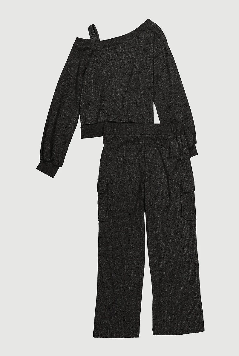 Girls Ribbed Knit Cold Shoulder Sweatshirt and Wide Leg Cargo Pants, Black,
