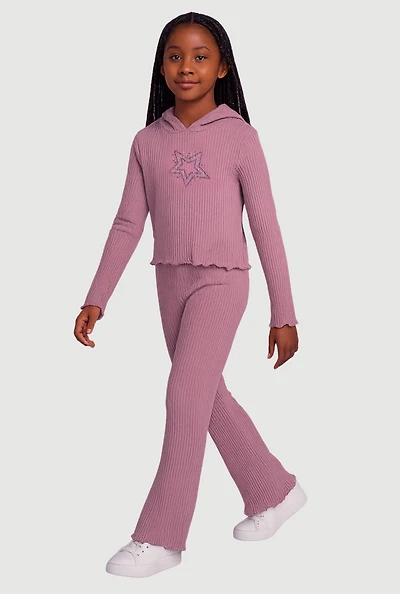 Girls Lettuce Edge Rhinestone Star Print Hoodie and Flared Pants, Purple, Size 14-16
