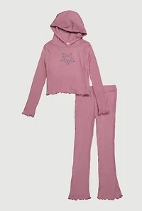 Girls Lettuce Edge Rhinestone Star Print Hoodie and Flared Pants, Purple, Size 14-16