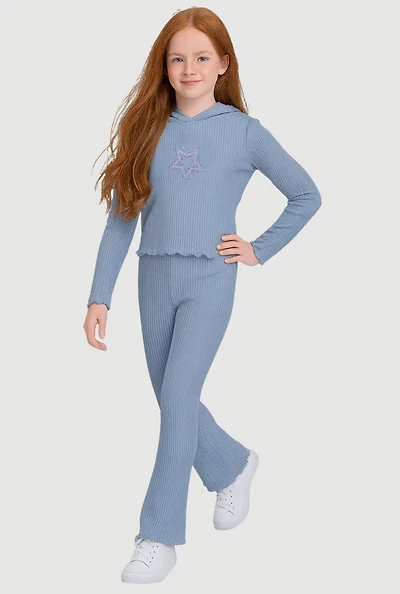 Girls Lettuce Edge Rhinestone Star Print Hoodie and Flared Pants, Blue, Size 7-8