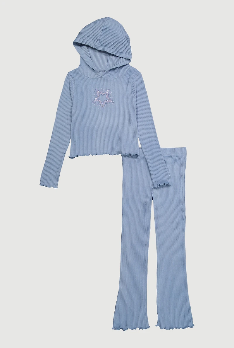 Girls Lettuce Edge Rhinestone Star Print Hoodie and Flared Pants, Blue, Size 7-8