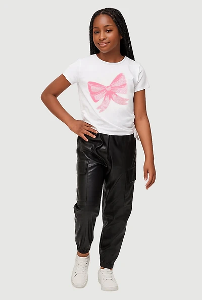 Girls Glitter Bow T-Shirt and Faux Leather Cargo Joggers, Multi, Size 14-16