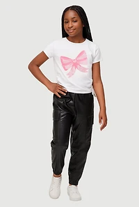 Girls Glitter Bow T-Shirt and Faux Leather Cargo Joggers, Multi,