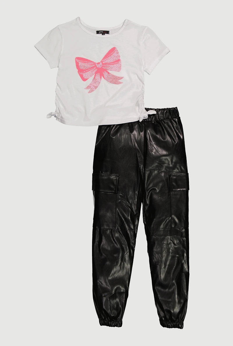 Girls Glitter Bow T-Shirt and Faux Leather Cargo Joggers, Multi, Size 14-16