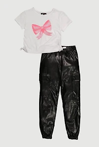 Girls Glitter Bow T-Shirt and Faux Leather Cargo Joggers, Multi, Size 14-16