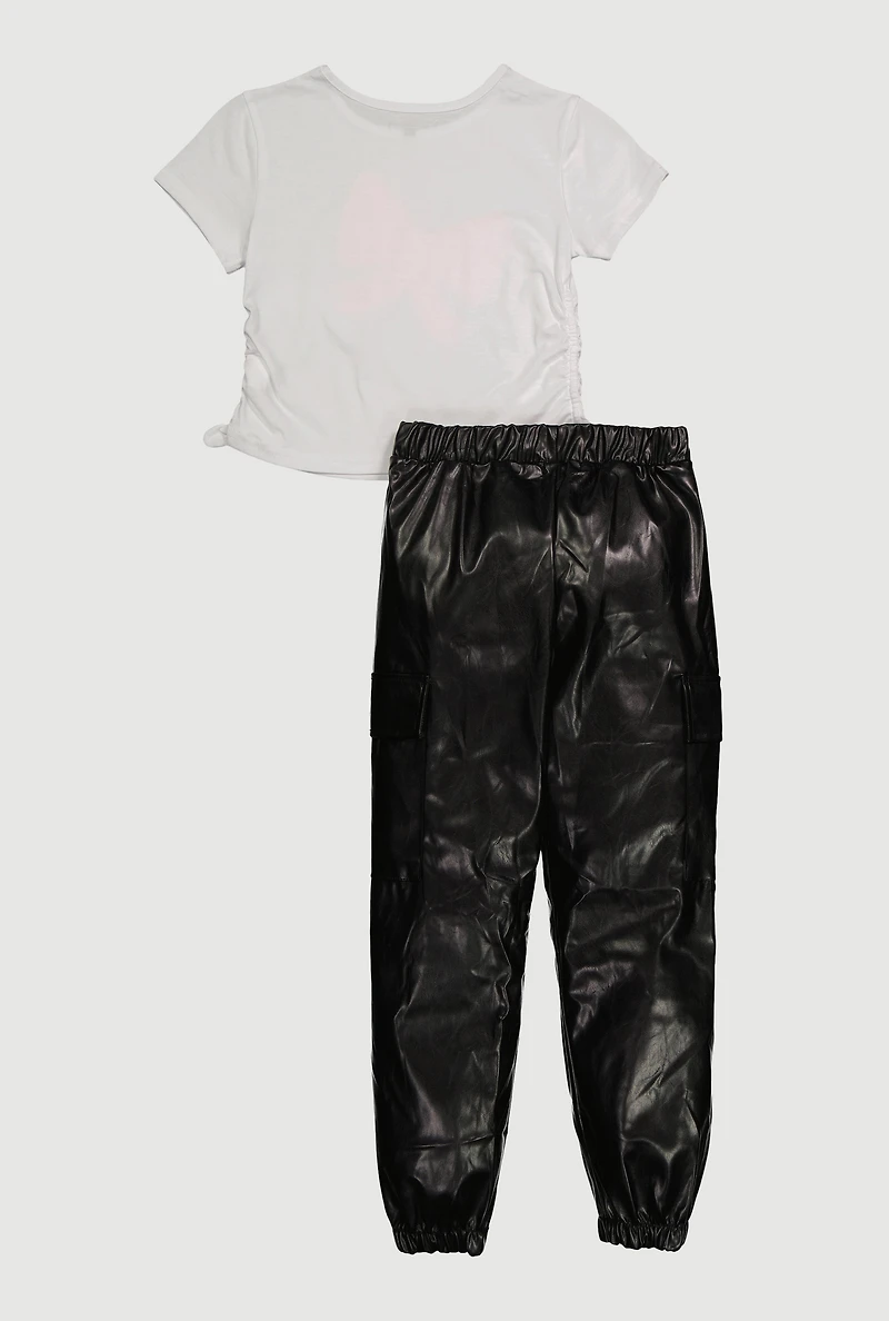 Girls Glitter Bow T-Shirt and Faux Leather Cargo Joggers, Multi, Size 14-16