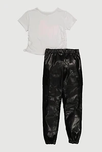 Girls Glitter Bow T-Shirt and Faux Leather Cargo Joggers, Multi, Size 14-16