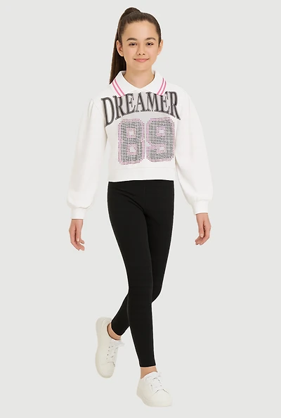 Girls Rhinestone Dreamer 89 Graphic Sweatshirt and Pants, White, Size 14-16
