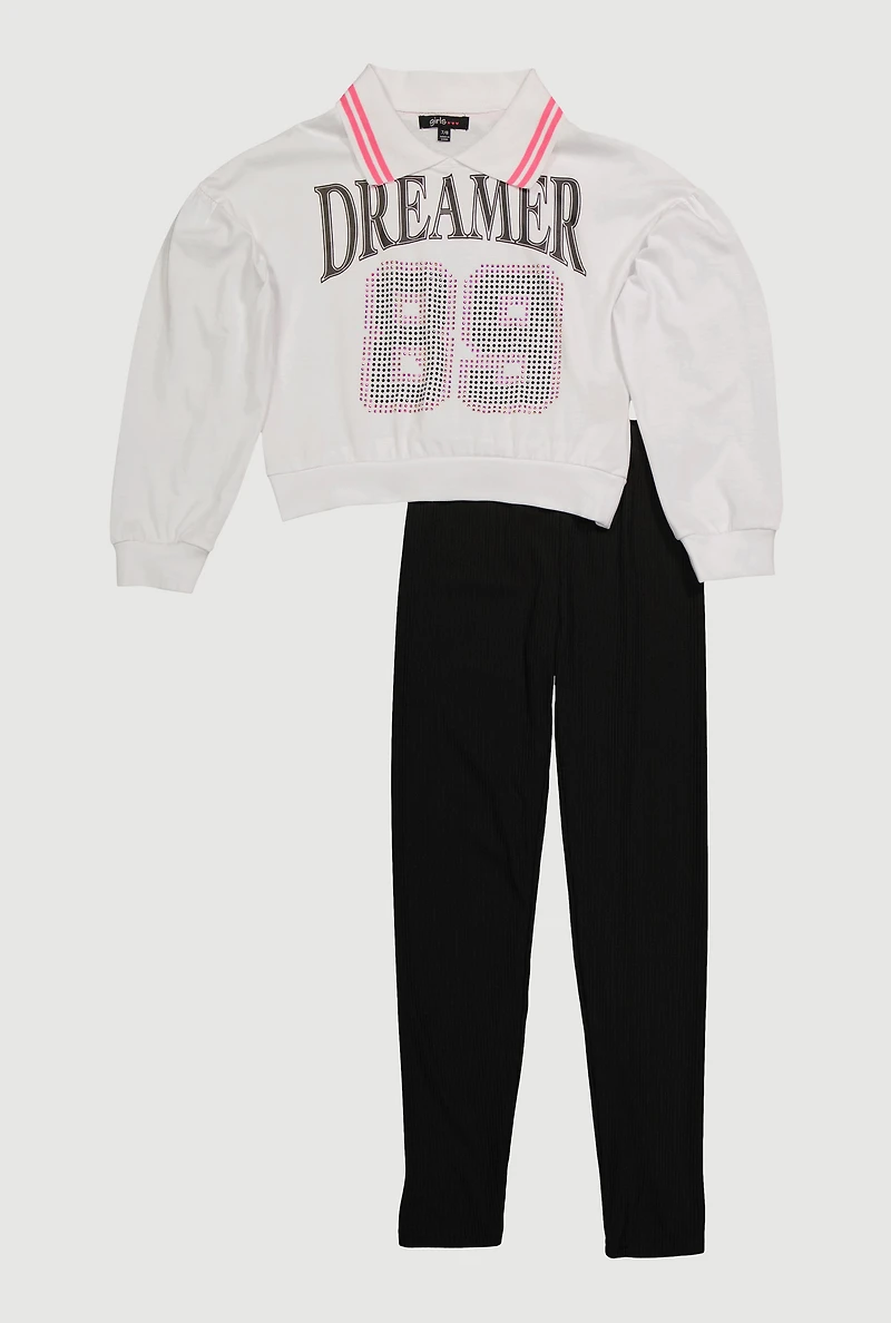 Girls Rhinestone Dreamer 89 Graphic Sweatshirt and Pants, White, Size 10-12