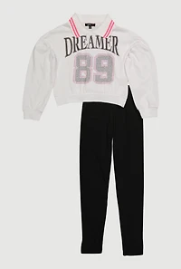 Girls Rhinestone Dreamer 89 Graphic Sweatshirt and Pants, White, Size 10-12