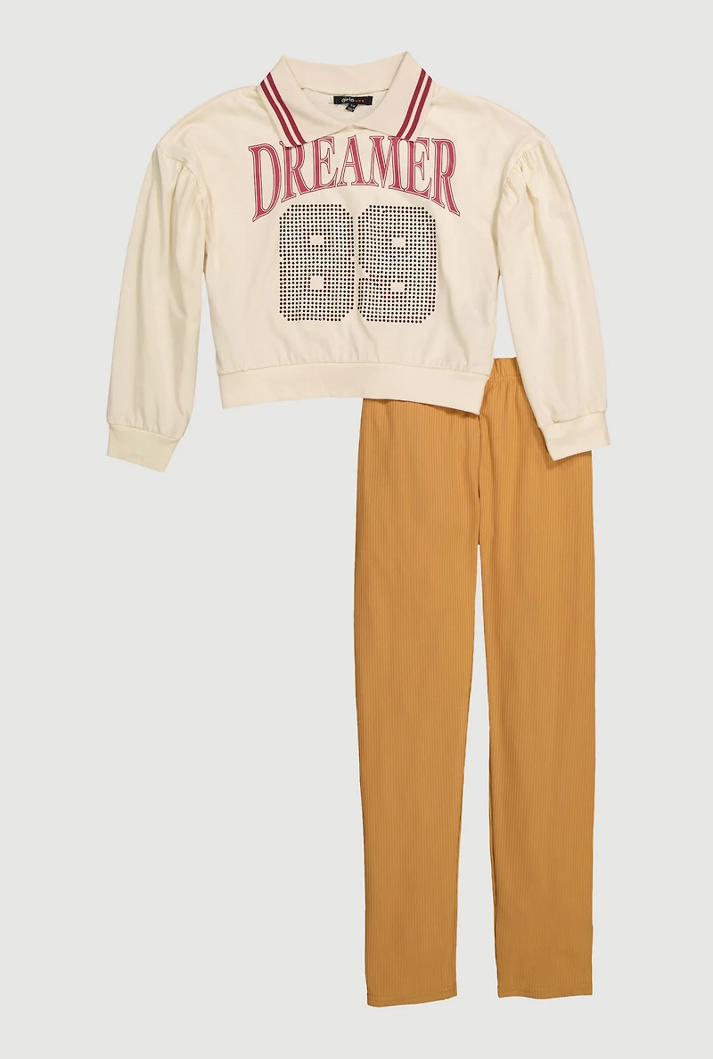 Girls Rhinestone Dreamer 89 Graphic Sweatshirt and Pants,