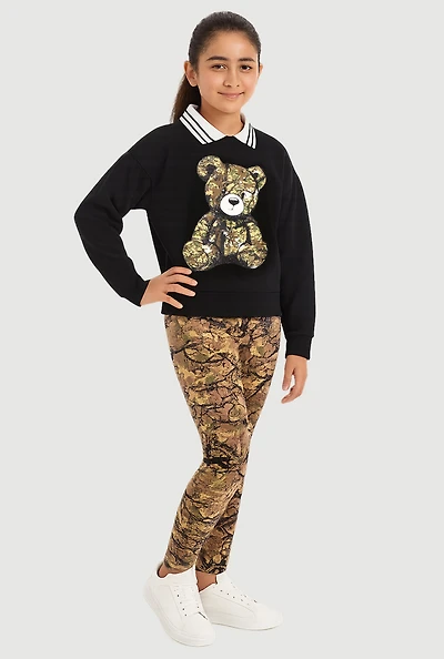 Girls Camouflage Bear Graphic Sweatshirt and Leggings, Multi,