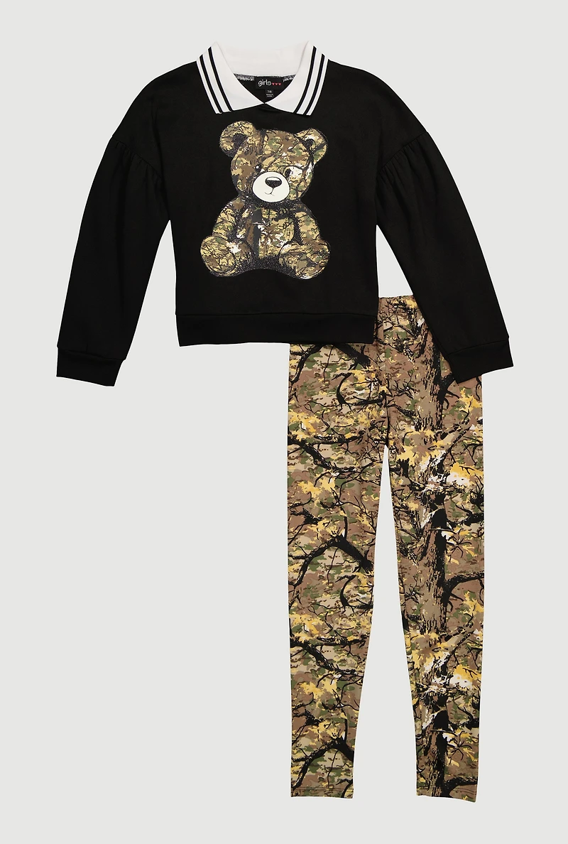 Girls Camouflage Bear Graphic Sweatshirt and Leggings, Multi, Size 10-12