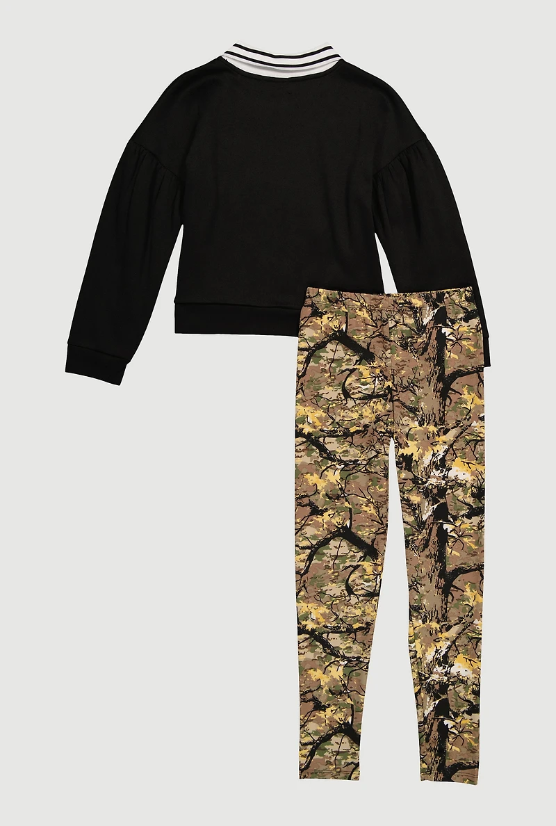 Girls Camouflage Bear Graphic Sweatshirt and Leggings, Multi, Size 10-12
