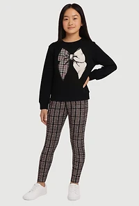 Girls Plaid Bow Graphic Sweatshirt and Leggings,