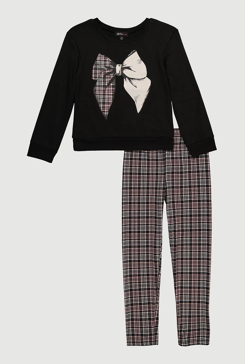Girls Plaid Bow Graphic Sweatshirt and Leggings,