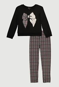 Girls Plaid Bow Graphic Sweatshirt and Leggings,